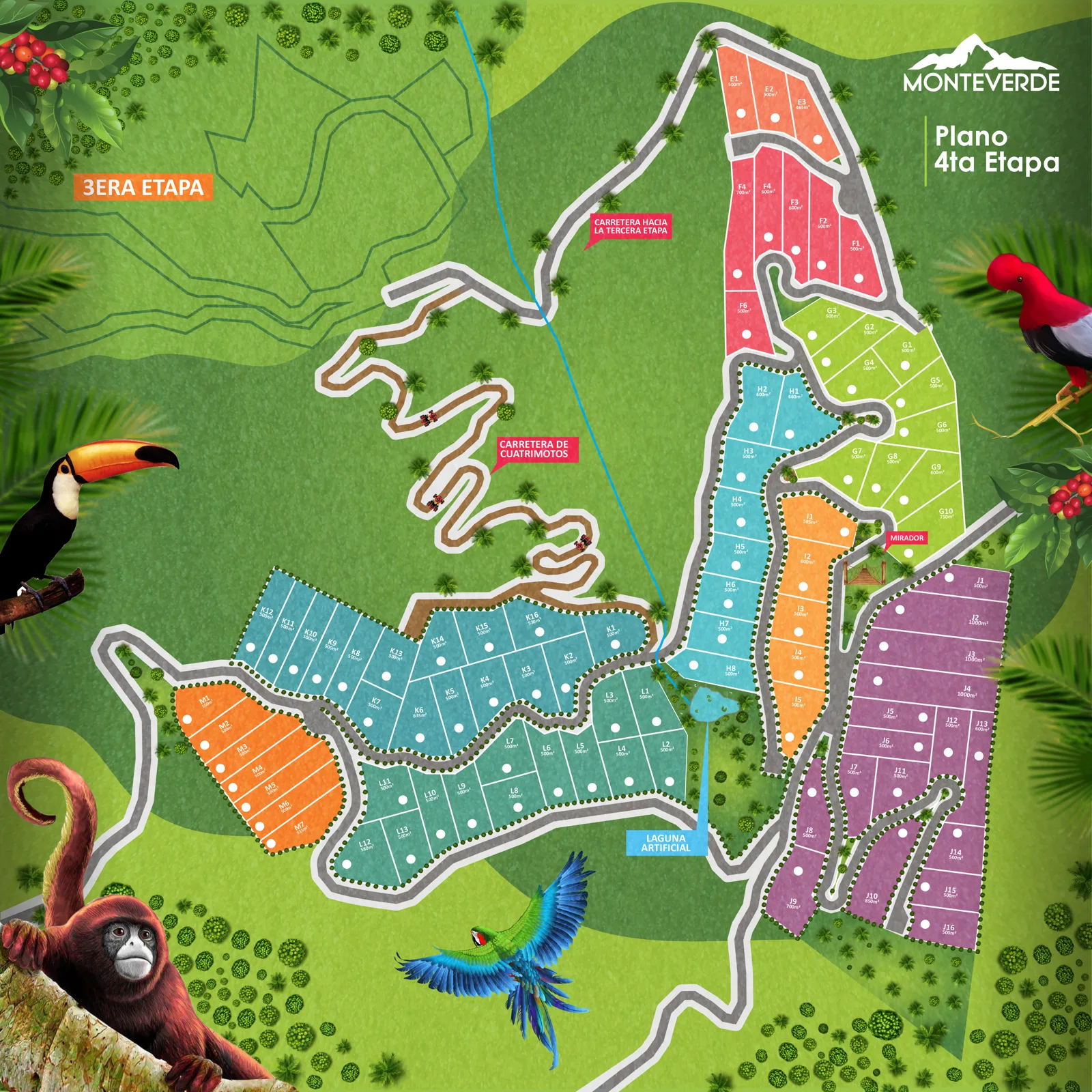 Plano ilustrado de la etapa 4 de Monteverde con sus lotes, el mirador, la laguna artificial y la carretera de cuatrimotos